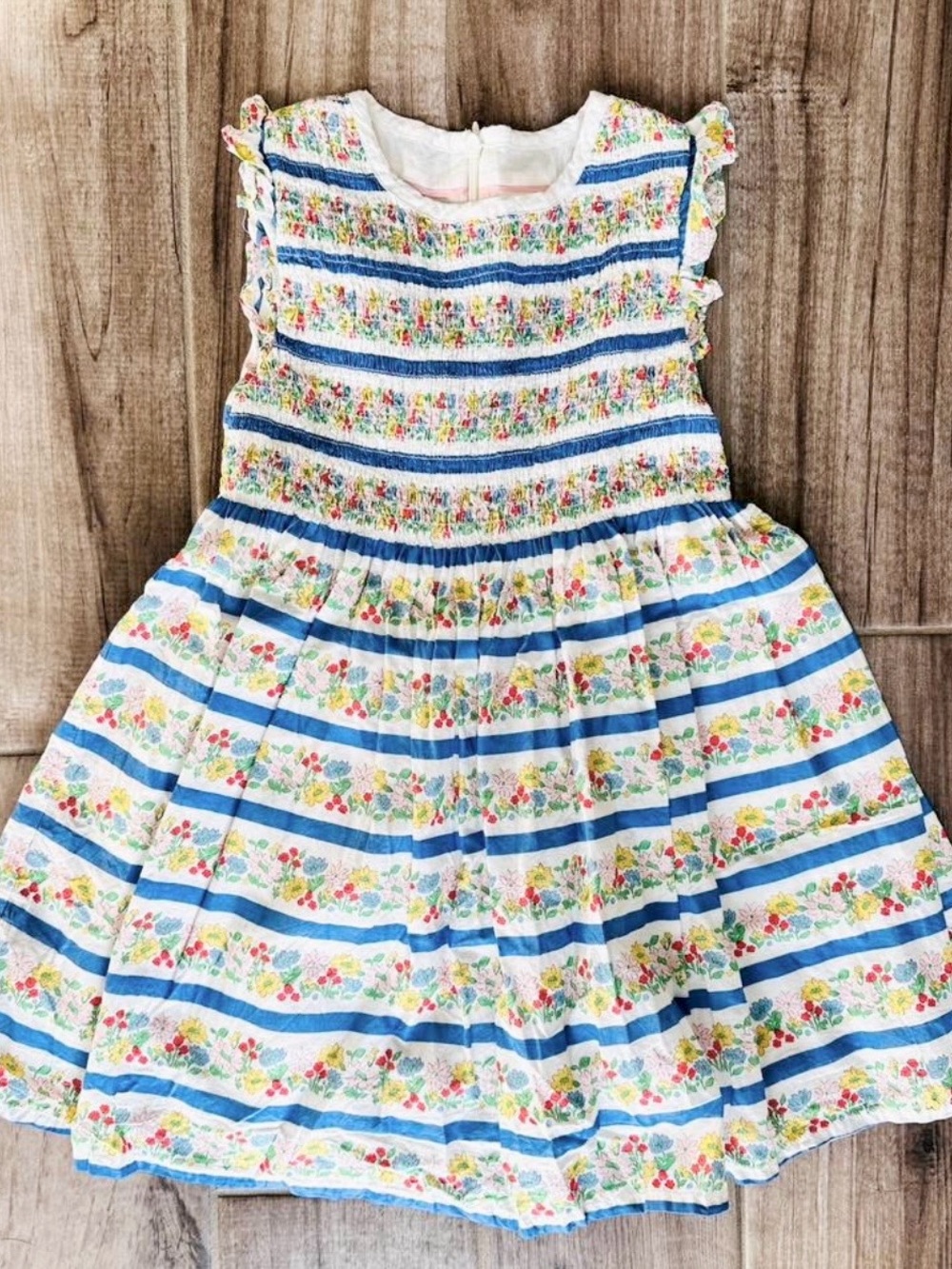 NWT Mini Boden Girls' Blue & Floral Smocked Dress Sleeveless